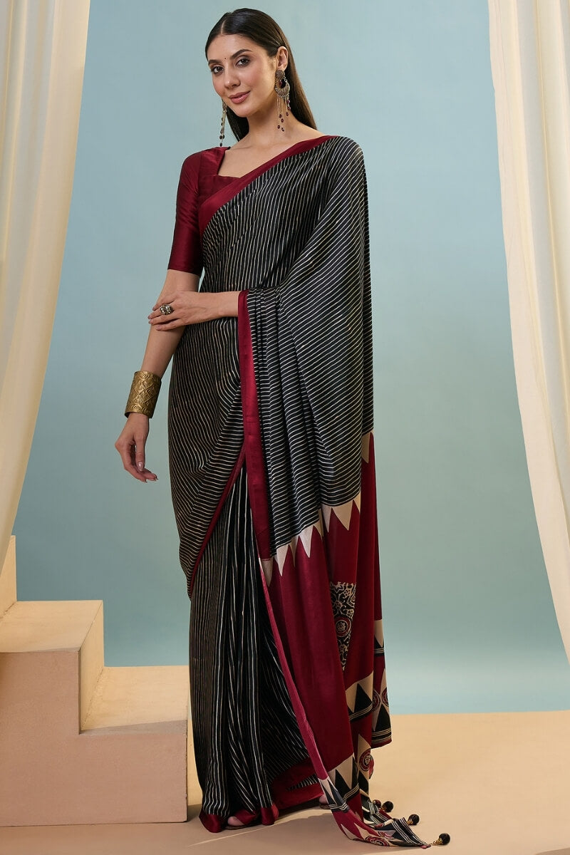 Verdant Black Ajrakh Printed Semi Modal Silk Saree With Vivacious Blouse Piece