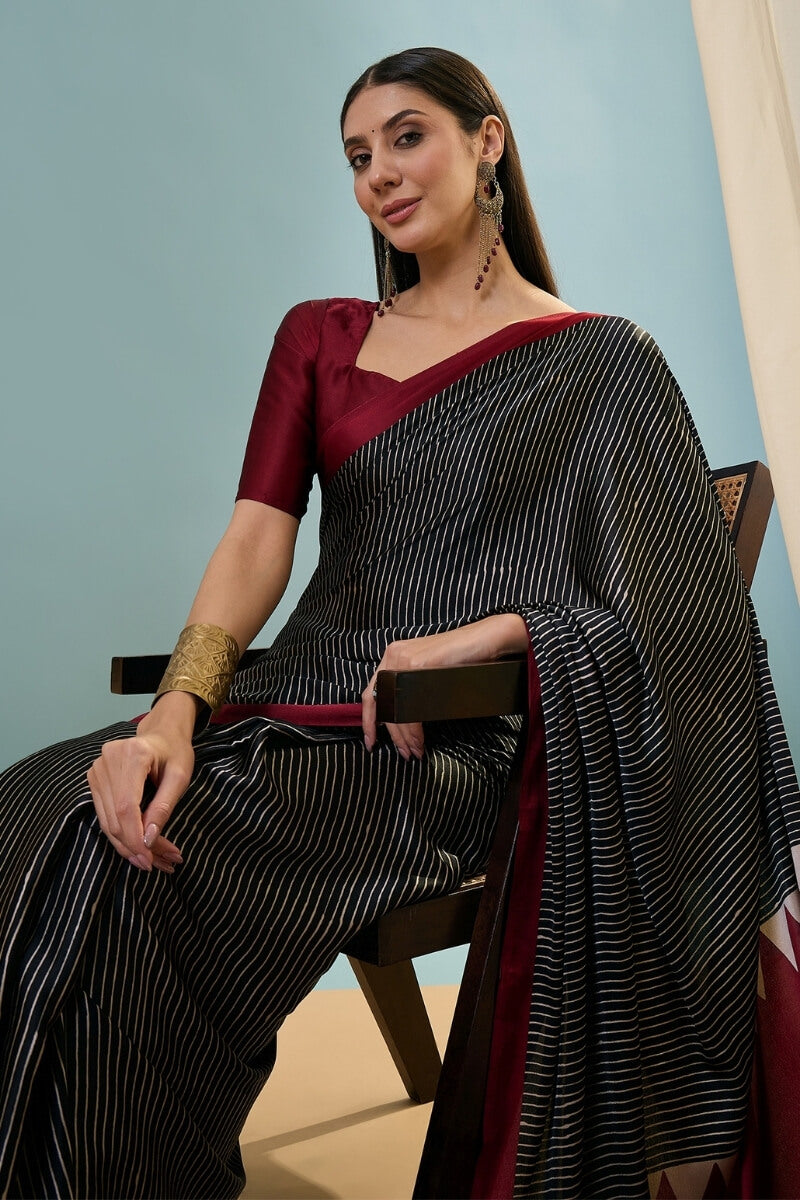 Verdant Black Ajrakh Printed Semi Modal Silk Saree With Vivacious Blouse Piece