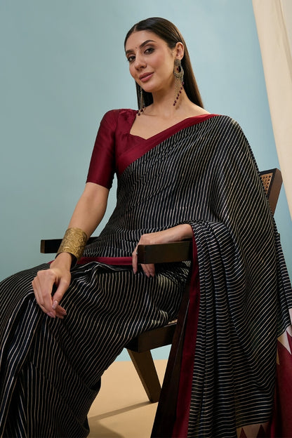 Verdant Black Ajrakh Printed Semi Modal Silk Saree With Vivacious Blouse Piece