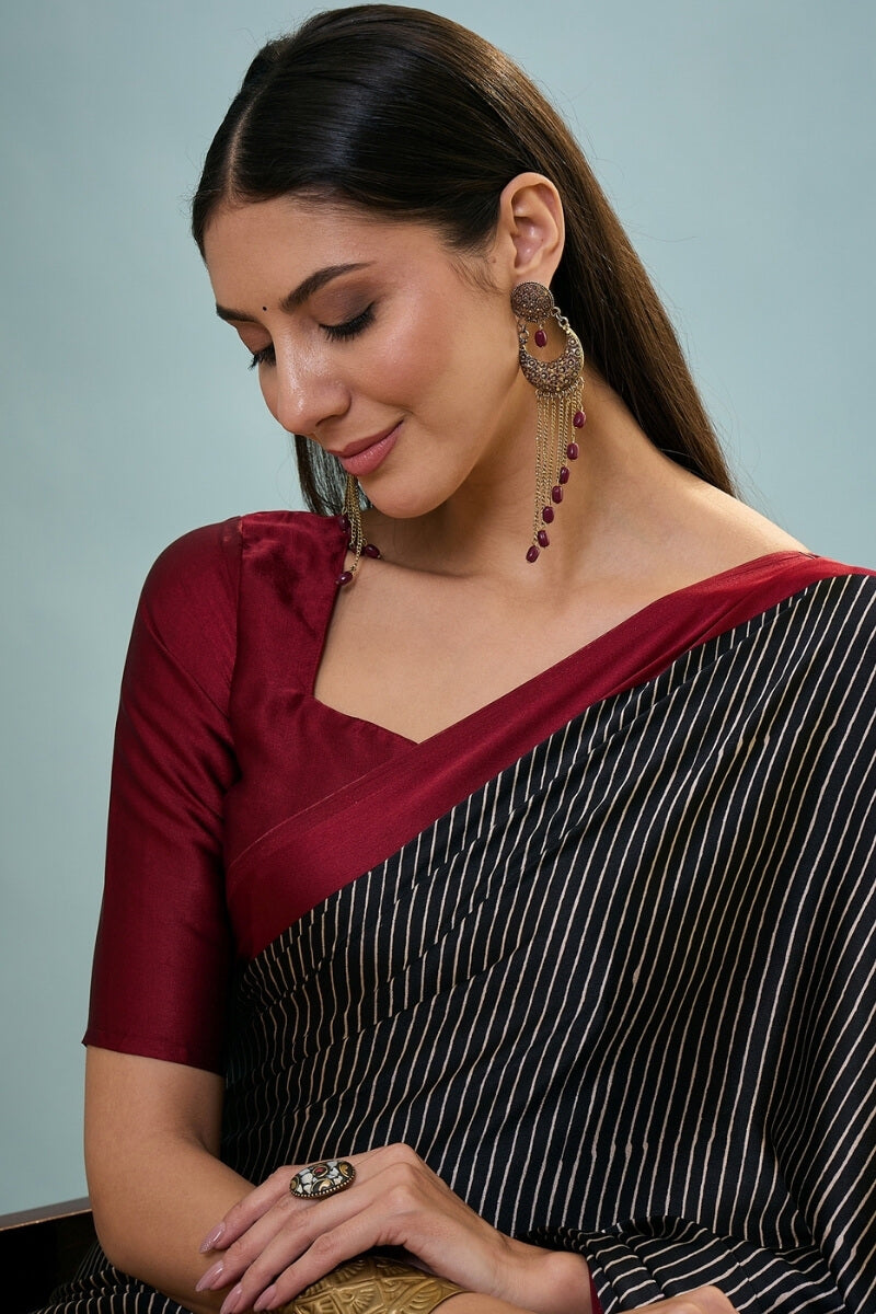 Verdant Black Ajrakh Printed Semi Modal Silk Saree With Vivacious Blouse Piece