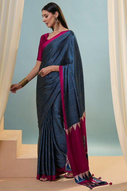 Inspiring Navy Blue Ajrakh Printed Semi Modal Silk Saree With Fugacious Blouse Piece