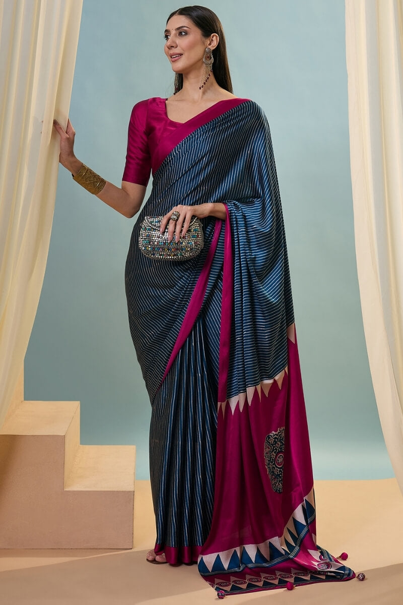 Inspiring Navy Blue Ajrakh Printed Semi Modal Silk Saree With Fugacious Blouse Piece