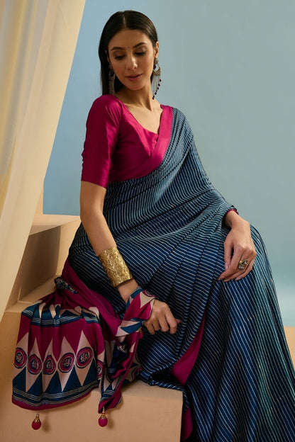 Inspiring Navy Blue Ajrakh Printed Semi Modal Silk Saree With Fugacious Blouse Piece