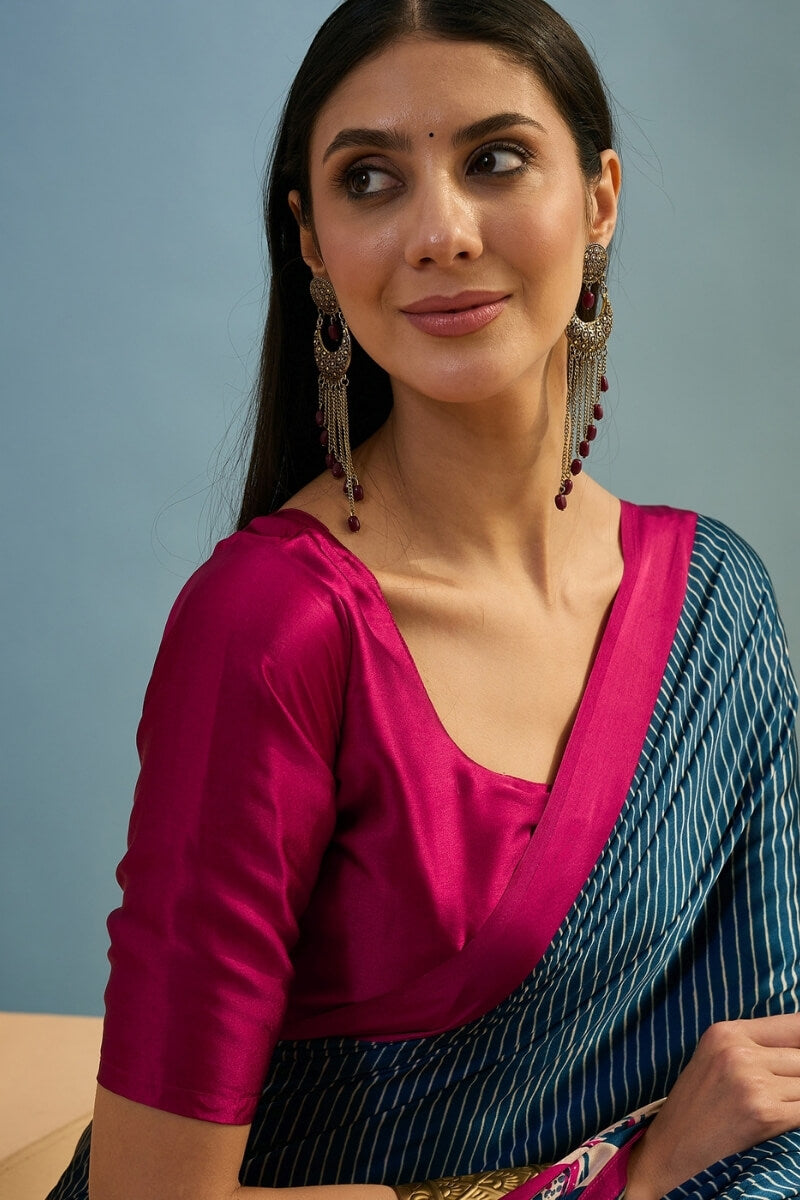 Inspiring Navy Blue Ajrakh Printed Semi Modal Silk Saree With Fugacious Blouse Piece