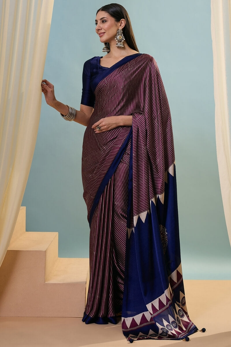 Extraordinary Wine Ajrakh Printed Semi Modal Silk Saree With Gorgeous Blouse Piece