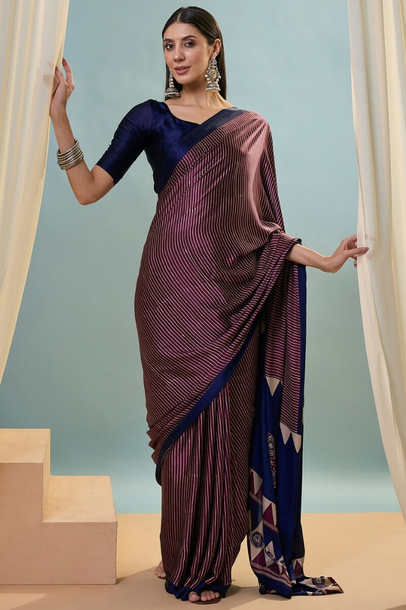 Extraordinary Wine Ajrakh Printed Semi Modal Silk Saree With Gorgeous Blouse Piece