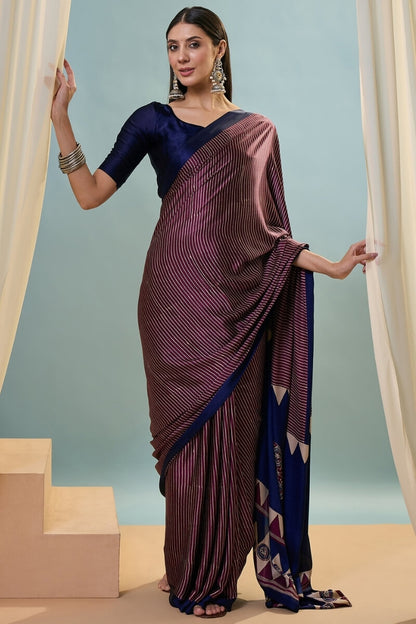 Extraordinary Wine Ajrakh Printed Semi Modal Silk Saree With Gorgeous Blouse Piece