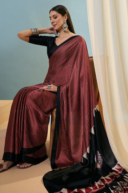 Enthralling Maroon Ajrakh Printed Semi Modal Silk Saree With Desuetude Blouse Piece