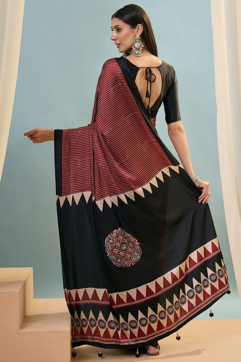 Enthralling Maroon Ajrakh Printed Semi Modal Silk Saree With Desuetude Blouse Piece