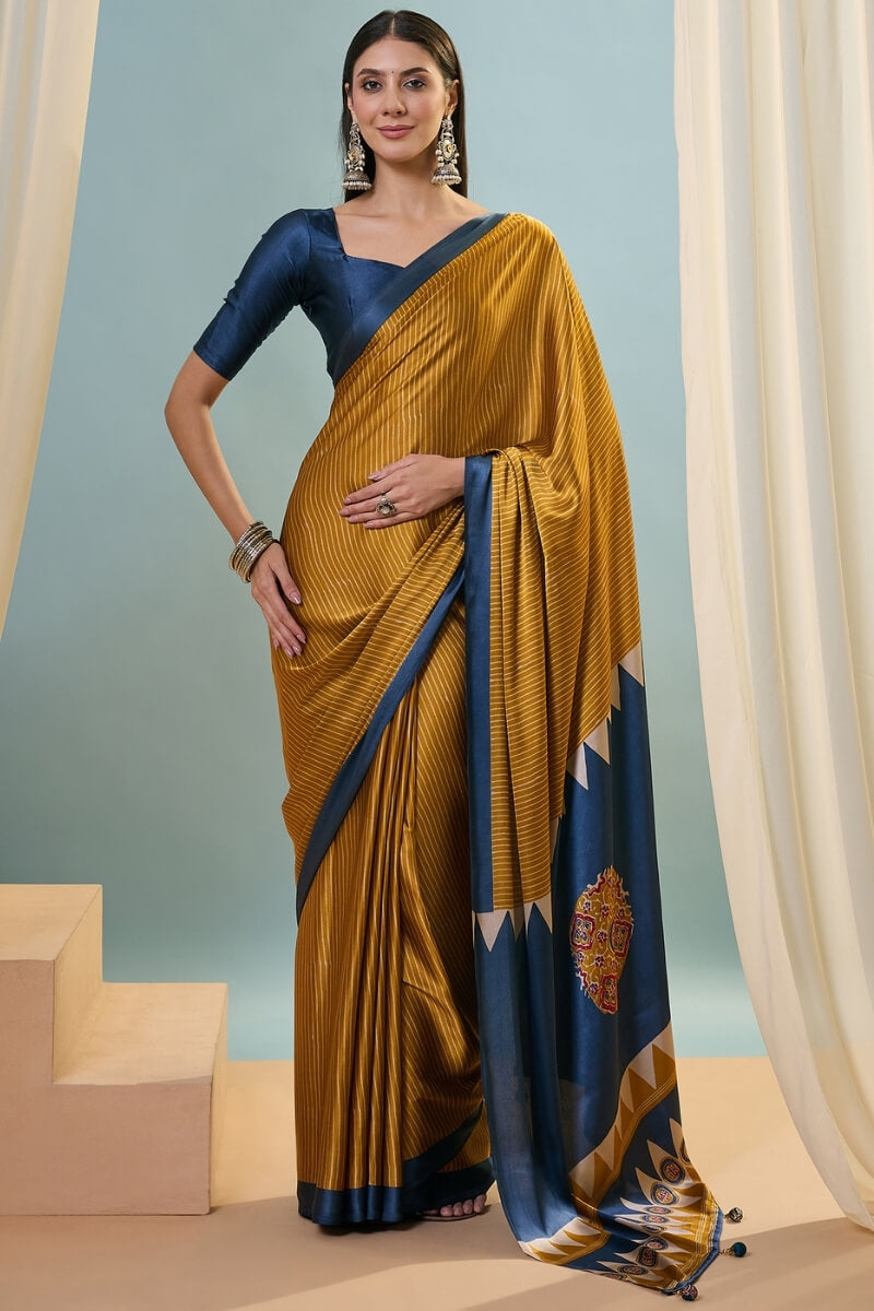 Flattering Mustard Ajrakh Printed Semi Modal Silk Saree With Beautiful Blouse Piece