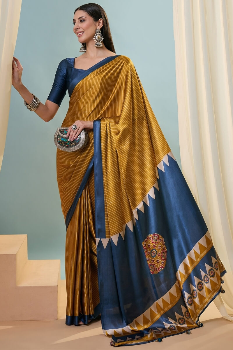 Flattering Mustard Ajrakh Printed Semi Modal Silk Saree With Beautiful Blouse Piece
