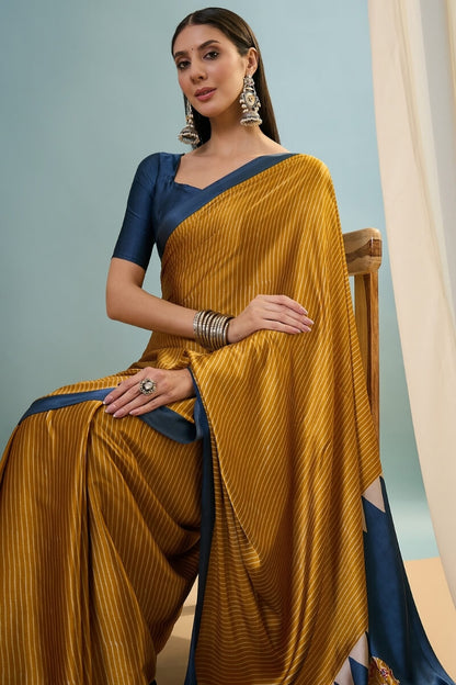 Flattering Mustard Ajrakh Printed Semi Modal Silk Saree With Beautiful Blouse Piece