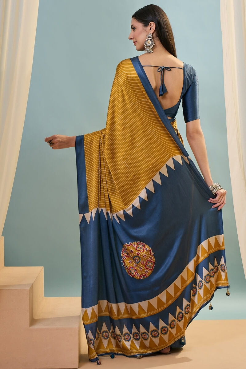 Flattering Mustard Ajrakh Printed Semi Modal Silk Saree With Beautiful Blouse Piece