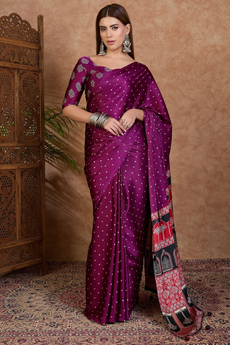 Opulent Purple Ajrakh Printed Semi Modal Silk Saree With Marvellous Blouse Piece