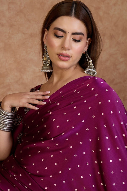 Opulent Purple Ajrakh Printed Semi Modal Silk Saree With Marvellous Blouse Piece