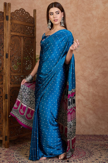 Arresting Blue Ajrakh Printed Semi Modal Silk Saree With Phenomenal Blouse Piece
