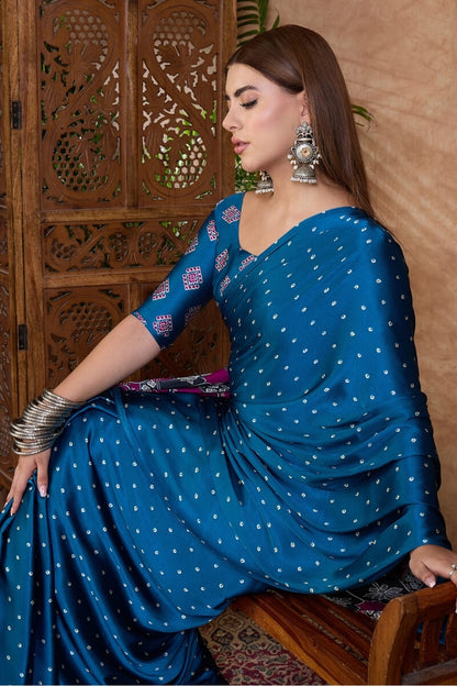 Arresting Blue Ajrakh Printed Semi Modal Silk Saree With Phenomenal Blouse Piece
