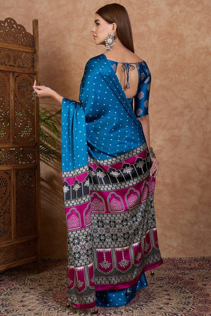 Arresting Blue Ajrakh Printed Semi Modal Silk Saree With Phenomenal Blouse Piece