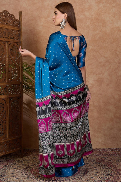 Arresting Blue Ajrakh Printed Semi Modal Silk Saree With Phenomenal Blouse Piece