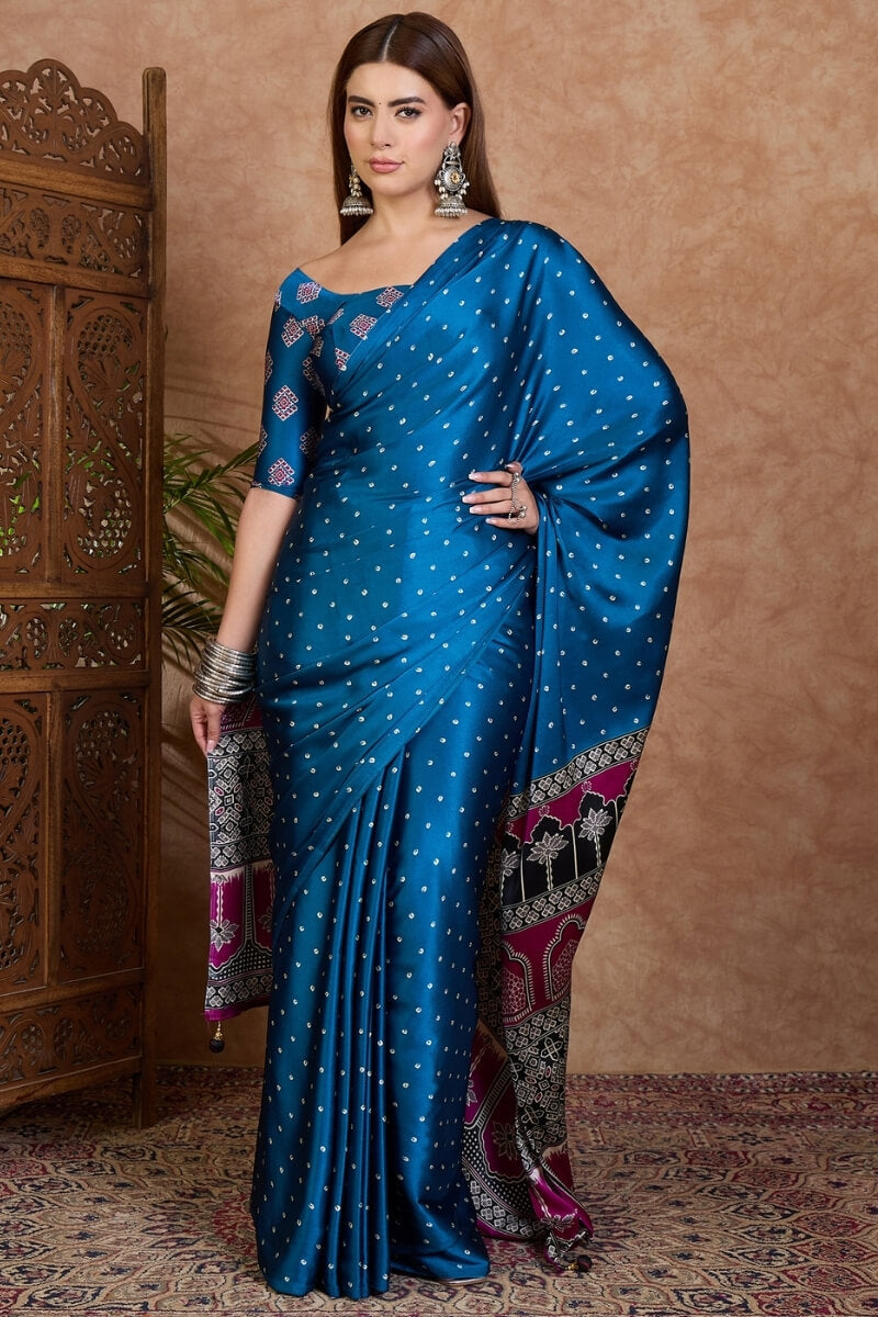 Arresting Blue Ajrakh Printed Semi Modal Silk Saree With Phenomenal Blouse Piece