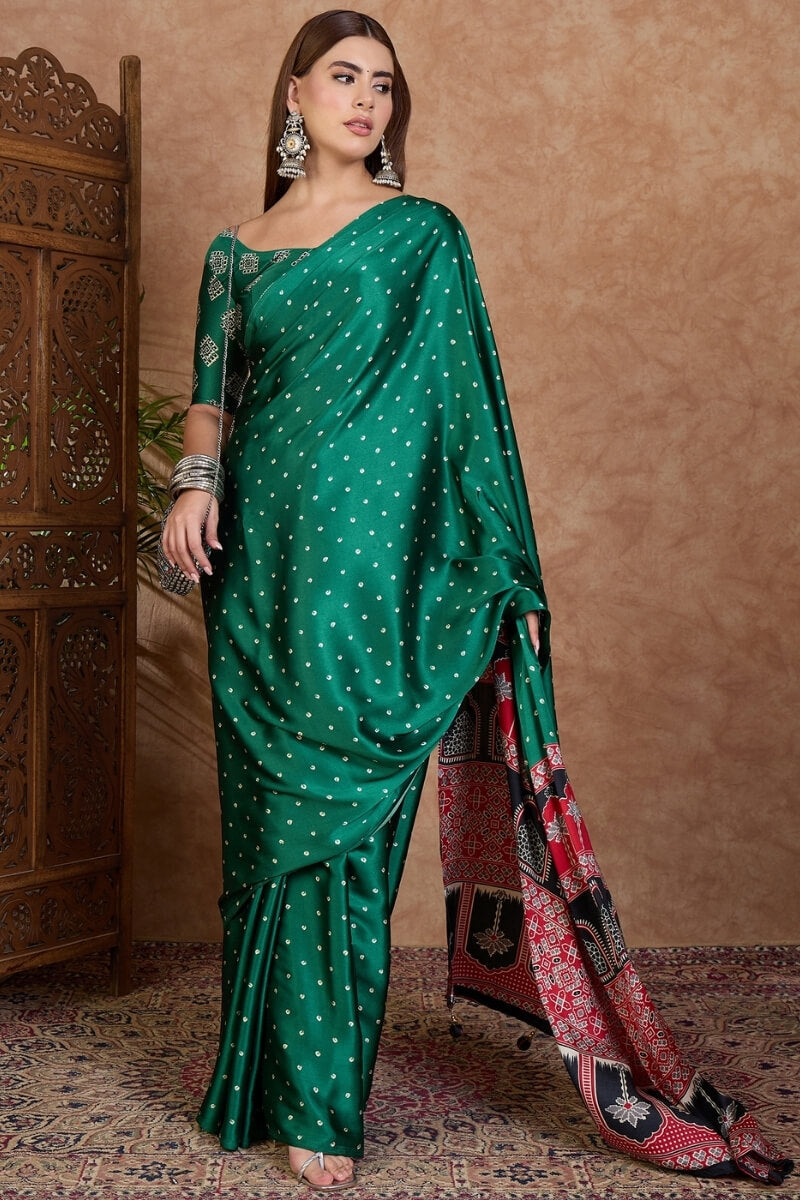 Engrossing Dark Green Ajrakh Printed Semi Modal Silk Saree With Imbrication Blouse Piece