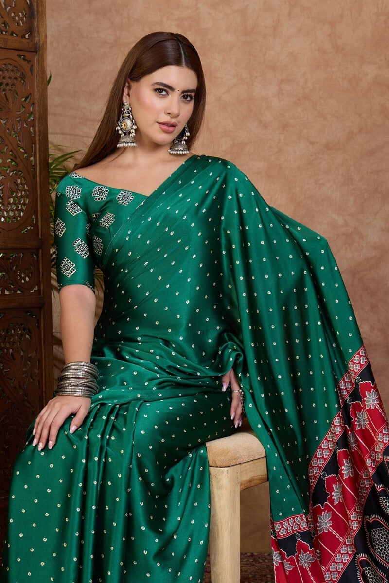 Engrossing Dark Green Ajrakh Printed Semi Modal Silk Saree With Imbrication Blouse Piece