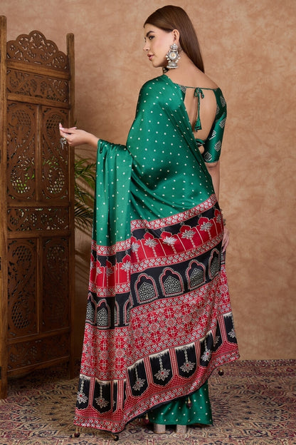 Engrossing Dark Green Ajrakh Printed Semi Modal Silk Saree With Imbrication Blouse Piece