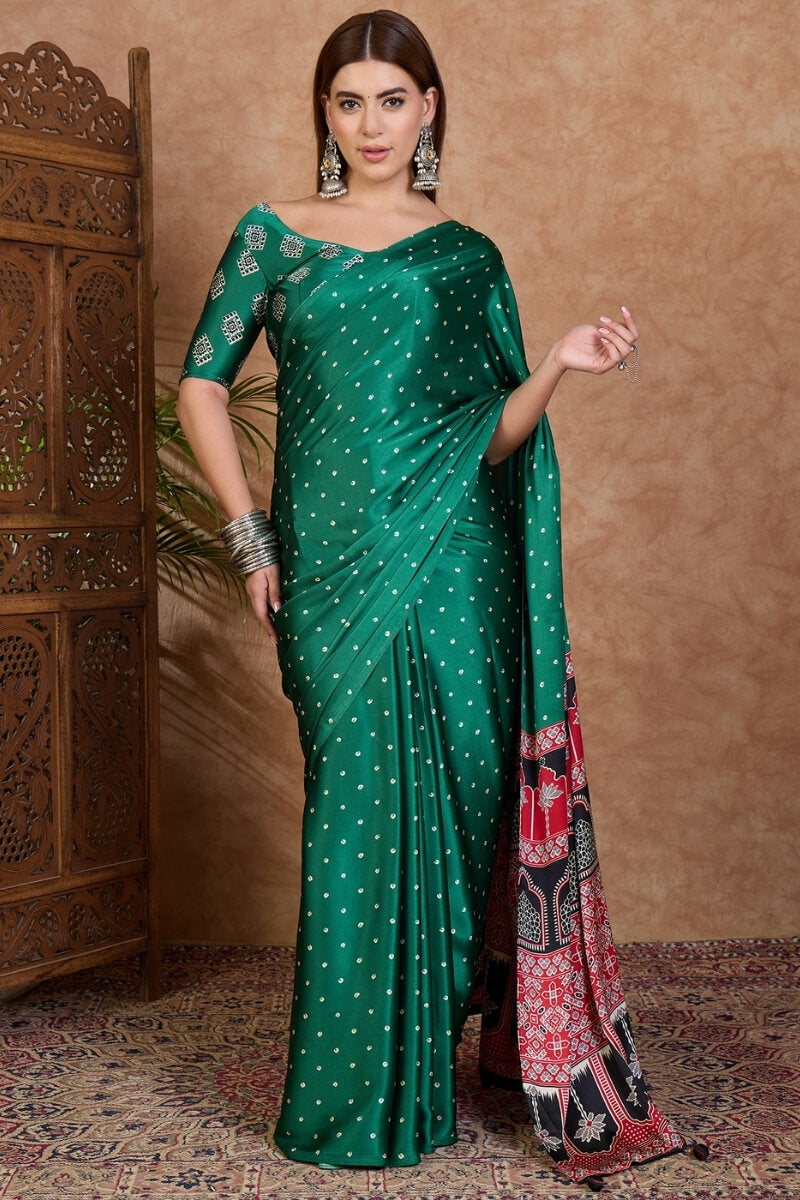 Engrossing Dark Green Ajrakh Printed Semi Modal Silk Saree With Imbrication Blouse Piece