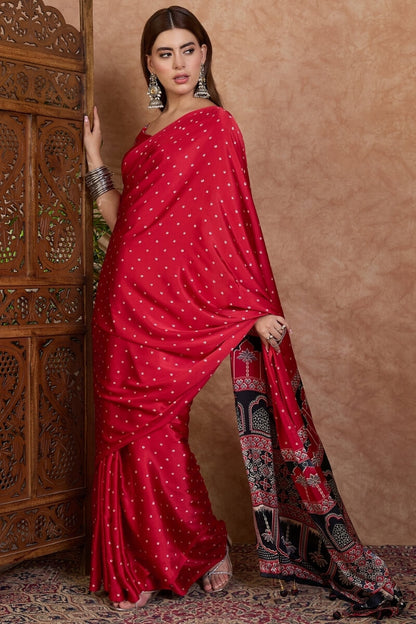 Propinquity Red Ajrakh Printed Semi Modal Silk Saree With Ethnic Blouse Piece