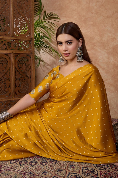 Adorning Mustard Ajrakh Printed Semi Modal Silk Saree With Tantalizing Blouse Piece