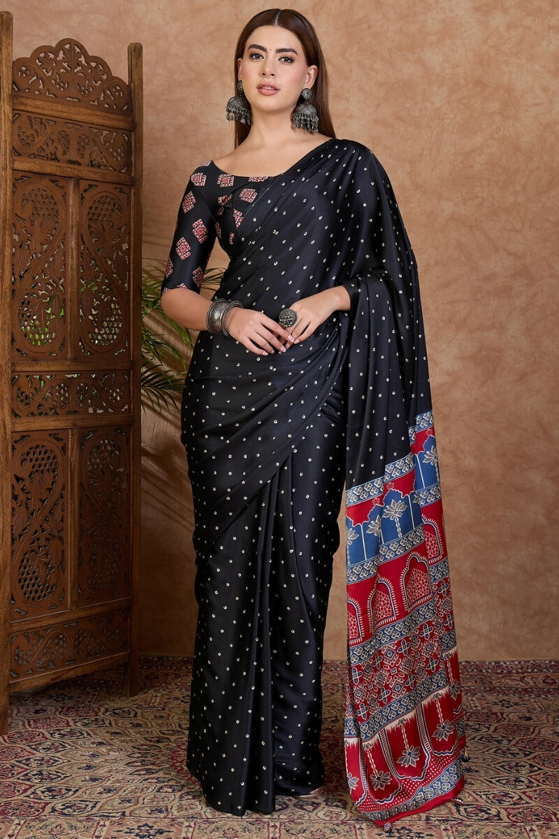 Beguiling Black Ajrakh Printed Semi Modal Silk Saree With Ephemeral Blouse Piece