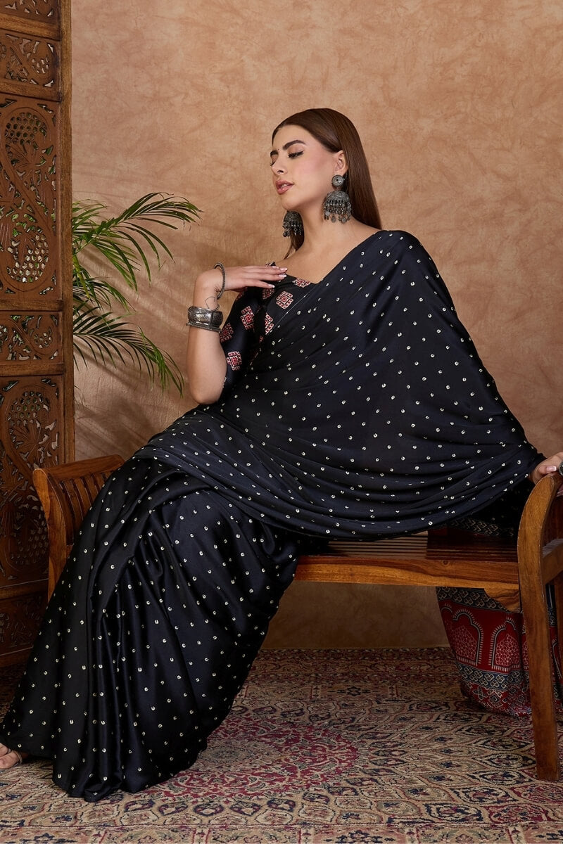 Beguiling Black Ajrakh Printed Semi Modal Silk Saree With Ephemeral Blouse Piece