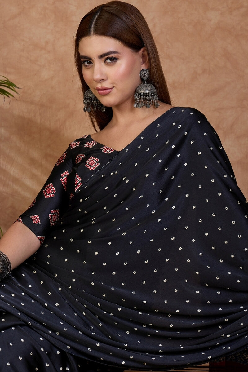 Beguiling Black Ajrakh Printed Semi Modal Silk Saree With Ephemeral Blouse Piece