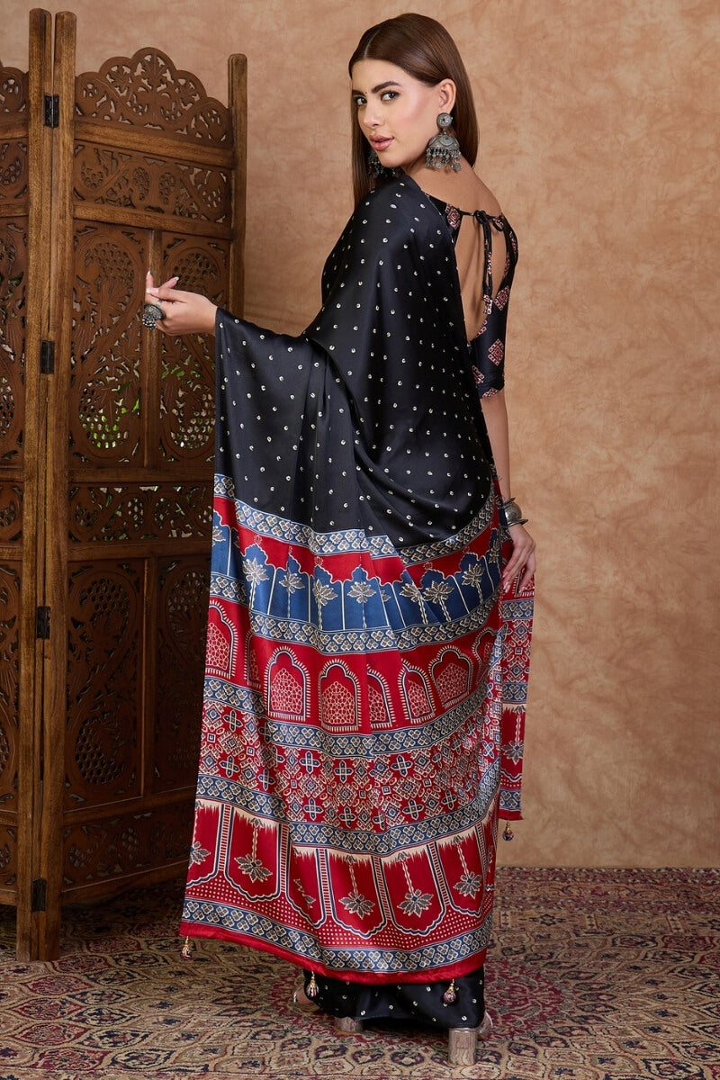 Beguiling Black Ajrakh Printed Semi Modal Silk Saree With Ephemeral Blouse Piece
