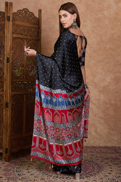 Beguiling Black Ajrakh Printed Semi Modal Silk Saree With Ephemeral Blouse Piece