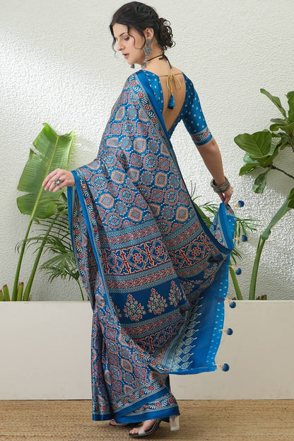Exemplary Blue Ajrakh Printed Semi Modal Silk Saree With Pleasant Blouse Piece