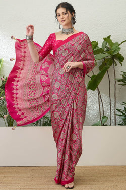 Snazzy Dark Pink Ajrakh Printed Semi Modal Silk Saree With Serendipity Blouse Piece