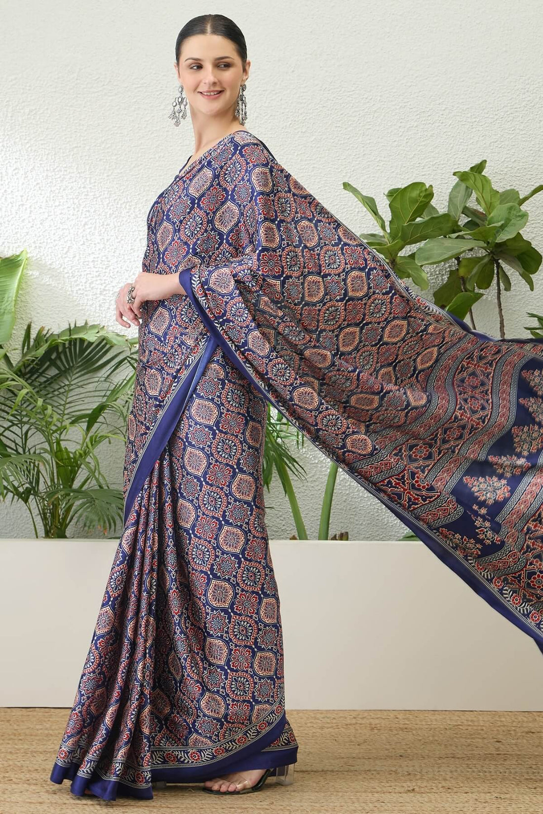 Sumptuous Navy Blue Ajrakh Printed Semi Modal Silk Saree With Stunning Blouse Piece