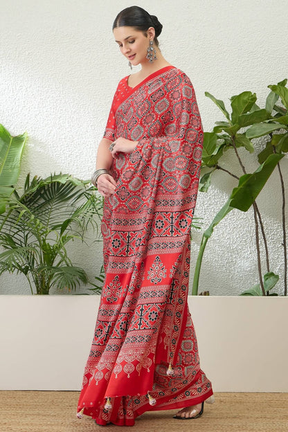 Sempiternal Red Ajrakh Printed Semi Modal Silk Saree With Innovative Blouse Piece