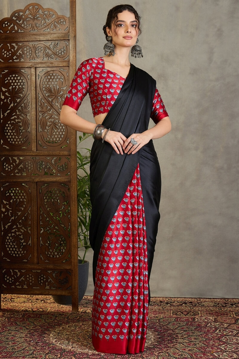 Effulgent Black Ajrakh Printed Semi Modal Silk Saree With Denouement Blouse Piece