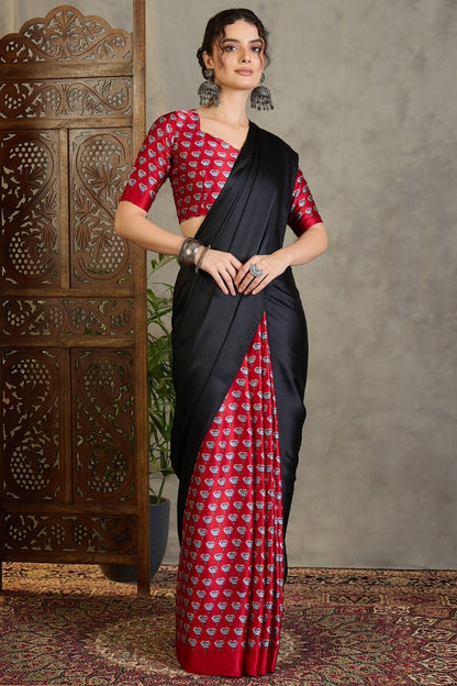 Effulgent Black Ajrakh Printed Semi Modal Silk Saree With Denouement Blouse Piece