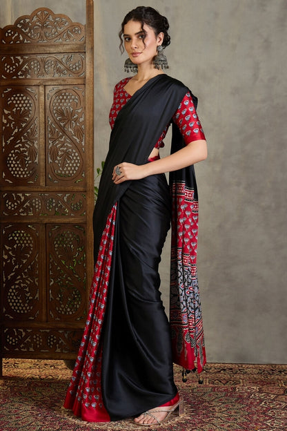 Effulgent Black Ajrakh Printed Semi Modal Silk Saree With Denouement Blouse Piece