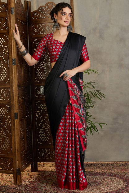 Effulgent Black Ajrakh Printed Semi Modal Silk Saree With Denouement Blouse Piece