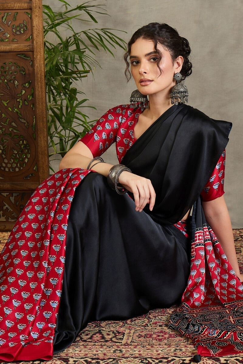 Effulgent Black Ajrakh Printed Semi Modal Silk Saree With Denouement Blouse Piece