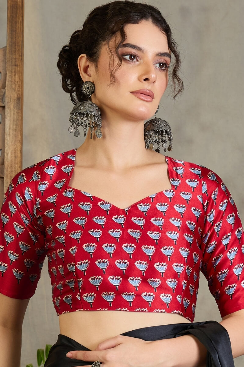 Effulgent Black Ajrakh Printed Semi Modal Silk Saree With Denouement Blouse Piece