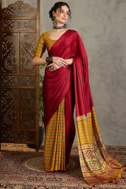 Confounding Red Ajrakh Printed Semi Modal Silk Saree With Brood Blouse Piece