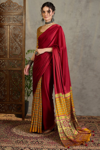 Confounding Red Ajrakh Printed Semi Modal Silk Saree With Brood Blouse Piece