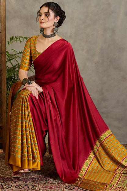 Confounding Red Ajrakh Printed Semi Modal Silk Saree With Brood Blouse Piece