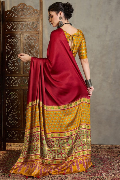 Confounding Red Ajrakh Printed Semi Modal Silk Saree With Brood Blouse Piece