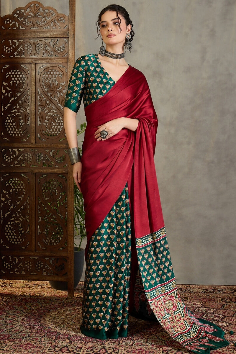 Mellifluous Red Ajrakh Printed Semi Modal Silk Saree With Moiety Blouse Piece